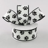 White Satin with Black Paw Prints 1.5 Wired Paw Print Ribbon 10 Yards / 30 Feet of 1.5 Inch Wire Edged Paw Print Ribbon