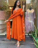 Anni Designer Women'S Rayon Blend Anarkali Thread Work Kurta With Pant & Dupatta (Ashvthama Orange_S_Orange_Small),Orange,S,Rayon Blend,Anarkali,