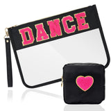 SUILU 2 Pcs Dance Recital Gifts Cosmetic Makeup Bag with Chenille Letter Patch,with Handles PVC Waterproof Clear Makeup Bag,Port