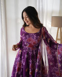 Wedani Women Floral Print Anarkali Kurta With Pant And Duptta (X-Large Purple-1),Purple-1,XL,Georgette,Anarkali,Dupatta