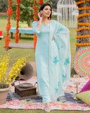 Anni Designer Women'S Cotton Blend Straight Solid Kurta With Pant & Dupatta (Resoti Blue_L_Blue_Large),Blue,L,Cotton Blend,Straight,Kurta, Pant & Dupatta