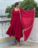 Gosriki Women'S Rayon Blend Solid Anarkali Kurta With Pant & Dupatta (Pancham Red-Gs_S_Red_Small),Red,,B0DP2CRQNL