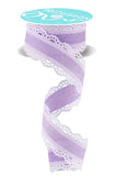 RG Ribbon: 1.5 Inch Scalloped Lace Wired Ribbon Light Lavender Purple, White - 10 Yards / 30' Ft for Bows, Wreaths, and Decorati