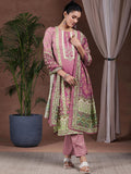 Libas Womens Printed Crepe Straight Kurta With Trousers And Dupatta Mauve Xs