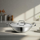 Trisara Triply Stainless Steel 26 cm Kadhai with Lid | 3000 ml | Induction Friendly | 3Layer Cookware for Even Heating | Heavy