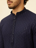 Manyavar Mens Blue Viscose Embroidered Kurta Pyjama Set Dark Blue S