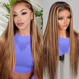 OOVVDA Ombre Lace Front Wig Human Hair Highlight 13x6 HD Transparent Straight Lace Front Wigs Human Hair 200% Density 4/27 Color