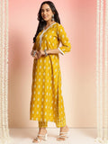 Anni Designer Women'S Rayon Viscose Straight Printed Kurta With Pant (Goyala Yellow_M_Yellow_Medium),Yellow,M,Rayon Blend,Classic,