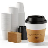 LITOPAK 100 Pack Disposable Coffee Cups with Lids and Kraft Sleeves, 10 oz White Coffee Cups, Paper coffee Cups for Hot Drinks