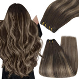 YoungSee Sew in Balayage Weft Real Human Hair Extensions Chocolate Brown with Ash Blonde Balayage 16Inch 100G