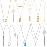 Hicarer 12 Pieces Long Pendant Necklace Set Y Tassel Leaf Circle Bar Necklace for Women (Multiple Shape)