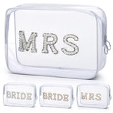 Etercycle Bride Clear Makeup Bag, Bridal Shower Gifts Engagement Cosmetic Bag, Bling Pearl Rhinestone Letter Patches Waterproof
