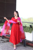 Anni Designer Women'S Cotton Blend Anarkali Embroidered Kurta With Pant & Dupatta (Gsk-Red-Nw_Xxl_Red_Xx-Large),Red,2XL,,,