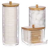 Tecbeauty 3pcs Qtip Holder - Bathroom Dispenser Storage Cotton Ball, Swab, Round Pads, Floss Picks - Clear Canister with Wood Lid