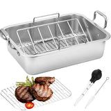 15 Inch Stainless Steel Roasting Pan with V-Shaped Rack and Turkey Baster - Rectangular Roaster for Turkey, Chicken, Vegetables