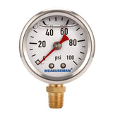 MEASUREMAN 1-1/2 Dial Size, 304 Stainless Steel case, Liquid Filled Fuel Pressure Gauge, 0-100Psi, +/-3-2-3%, 1/8 NPT Center Bac