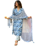 Anni Designer Women'S Cotton Blend Straight Printed Kurta With Pant & Dupatta (Aroor Blue_L_Blue_Large),Blue,L
