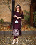 Anni Designer Women'S Rayon Straight Embroidered Kurta With Pant Set (Pital-Wine_S_Wine_Small),Wine,S,Rayon,Regular,Kurta