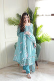 Wedani Silk Embroidered Kurta Set With Duptta For Women Sky Blue,SKY BLUE,2XL,Polyester,A-Line,Dupatta