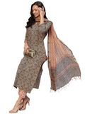 Anni Designer Women'S Cotton Blend Straight Printed Kurta With Pant & Dupatta (Hand Black-Cmd_Xxl_Black_Xx-Large),Black,2XL