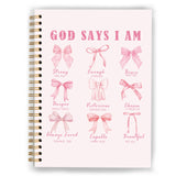XUNLURY Coquette Pink Bow God Says I Am Notebooks for Women, Church Notes Notebook, Prayer Bible Journal for Woman, Coquette Off