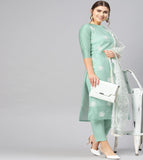 Anni Designer Women'S Ruby Cotton Straight Embroidery Kurti With Pant & Dupatta Set (White-Show Light Green_Xl Light Green_X-Large),Light Green,XL,Cotton Blend,Straight,Kurta, Scarf
