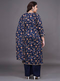 Tissu Women'S Plus Size Navy Blue Printed Pure Cotton Kurta Palazzo With Dupatta (T_676_Dark Blue_6Xl)