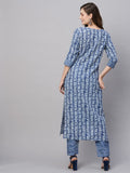 Anni Designer Women'S Cotton Blend Printed Straight Kurta With Pant (Ubika Blue_S_Blue_Small),Blue,S,Cotton Blend,Regular,Kurta