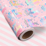 woric Reversible Birthday Wrapping Paper Girls 17 Inch x 33 Feet Pink Metallic Holographic Happy Birthday & Stripe Pattern Gift