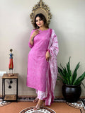 Anni Designer Women'S Cotton Blend Straight Printed Kurta With Pant & Dupatta (Dalaja-Majenta_Xl_Majenta_X-Large) Magenta,Magenta,XL,Cotton Blend,Regular,