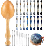 Jexine Darning Egg for Socks Wooden Darning Supplies Kit with 9 Large Eye Needles 16 Colors Sewing Threads for Socks Clothes Adu