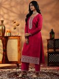 Libas Womens Embroidered Silk Blend Straight Kurta With Palazzos And Dupatta Red Xl