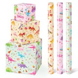 WERNNSAI Dinosaur Wrapping Paper Rolls - 3 Rolls 17 x 120 Pink Dinosaur Wrapping Paper Rolls Girls Birthday Wrapping Paper Rolls