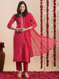 Anni Designer Women'S Rayon Blend Straight Bandhej Printed Kurta With Pant & Dupatta (Turae Rani-Vks02_L_Pink_Large),Pink,L,,,