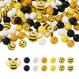 Beadthoven 100pcs Bee Silicone Beads 15mm Yellow Round Ball Silicone Beads Keychain Bracelet Beads Dots Print Rubber Beads Loose