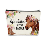 Western Horse Boots Flower Life is Better in the Saddle Funny Farmhouse Cosmetic Bag Makeup Bag Best Gift Idea for Horse Lovers