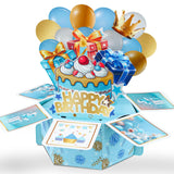 GROWTHMAGIC Pop Up Birthday Card - Blue Elegant Hexagonal Structure Pop Up Card with Cake, Gift Box, Crown and Balloon Design Su