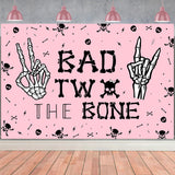 Wonmelody Bad Two The Bone Backdrop Banner Birthday Decorations for Girls Skeleton Theme 2nd Birthday Decorations Pink Black Mus
