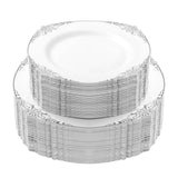 Bestluck White and Silver Disposable Plastic Plates for 50 Guests - 50 Dinner Plates, 50 Dessert Plates for Party, Wedding, and