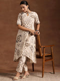 Libas Womens Printed Cotton Straight Kurta With Trousers Beige 2Xl