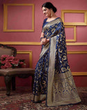 Sugathari Womens Banarasi Saree Pure Kanjivaram Silk Saree Soft New Ladies 2023 Design Wear Pattu Sarees Latest Party Sari Collections With Blouse Piece For Wedding Sadi (San Pari-187 Navy Blue)