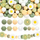 Whaline 100 Pcs Daisy Flower Silicone Beads Sage Green White Spring Floral Round Hexagon Loose Rubber Beads for DIY Crafts Jewel