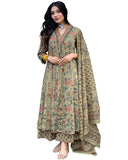 Gosriki Women'S Rayon Viscose Printed Anarkali Kurta With Palazzo & Dupatta (Cia Mehandi-Gs_S_Mehandi_Small),Mehandi,,B0F679W9T1