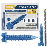 Krysay 67Pcs 1/4 x 1-1/4 in Concrete Screws with Drill bits,Masonry Screws for Concrete Assortment Kit,Hex Head Block Cement Sta