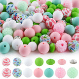Sunrony 118Pcs Mixed Pink White Green Acrylic Rhinestone Spacer Print Silicone Beads for Keychain Making and Necklace Bracelet,