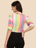 Wedani Women'S Casual Puff Sleeves Ruffled Collor Strip Top (Large Pink),Pink,L,Polyester,Regular,