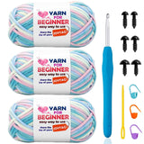 3 Pack Rainbow Beginners Crochet Yarn Pink Purple Blue Cotton Crochet Yarn for Crocheting Knitting Beginners with Easy-to-See St