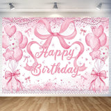 Cute Pink Bownot Birthday Party Backdrop Pink Bow Balloon Happy Birthday Banner Photography Background for Girls Teens Party Sup
