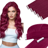 YoungSee Tape in Hair Extensions Human Hair Magenta 10pcs 20g Invisible Tape in Hair Extensions Human Hair Red 12 Inch Magenta H