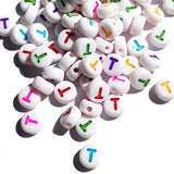 Yiizzxin 200pcs Colorful Acrylic Letter T Beads,4x7mm Round Flat Multicolor Letter T Beads,White Background Mixed Color Alphabet